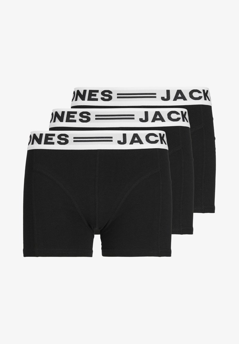Fekete pamut boxer alsónadrág fehér elasztikus derékpánttal, amelyen a "JACK & JONES" logó található. Három pár egymásra rakva, látható varrási részletekkel.