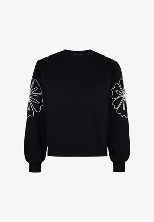 Zwarte sweatshirt met oversized ballonmouwen met witte bloemenborduursels op elke arm. Ribgebreide ronde hals en zoom. Zachte stof.
