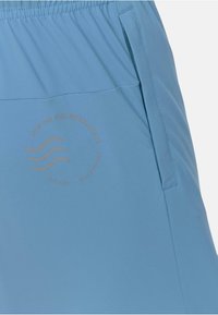 Šviesiai mėlyni šortai, pagaminti iš minkštos medžiagos, su šonine kišene ir apvaliu logotipu kontrastingame atspalvyje. Slydus paviršius, lanksčios juostos.