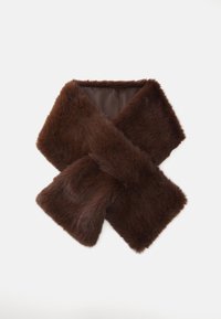 Brown faux fur scarf with a soft, textured surface, crossing at center; inner lining in brown fabric for added comfort.