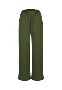 Pantalon ample vert olive avec taille élastique et jambes larges, présenté sur fond blanc.