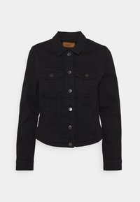 Mustat farkkutakki, jossa on kauluspanta, etupainonapit ja kaksi rintataskua. Varustettu hopeansävyisillä nappeilla ja klassisella istuvuudella.