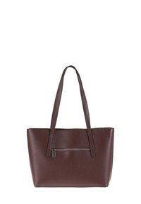 Borsa tote in pelle marrone con finitura texture, due manici lunghi e una tasca con zip frontale. Forma rettangolare con design a apertura superiore.
