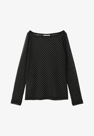 Juodas ilgomis rankovėmis pagamintas marškinėliai su apvalia iškirpte ir baltų taškelių raštu, pagaminti iš lengvo audinio su lygiu paviršiumi.