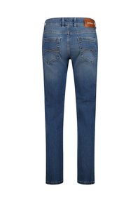 Dunkelblaue Jeans aus Denim mit geradem Schnitt, ausgestattet mit einem braunen Lederetikett am Bund und zwei schrägen Gesäßtaschen mit dekorativen Nähten.