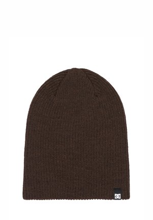 Dark brown knitted beanie with a small black and white DC brand logo tag on the bottom edge.