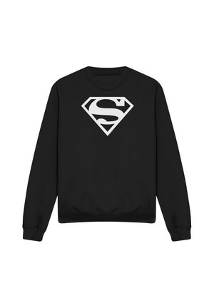 Schwarzer Sweatshirt mit langen Ärmeln und großem weißem Superman-Schild-Logo, zentriert auf der Brust.