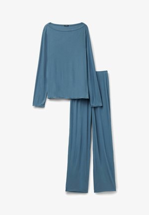 Maglia blu a maniche lunghe con scollo a barca e pantaloni larghi coordinati, completo due pezzi in tessuto morbido per il tempo libero o il sonno.