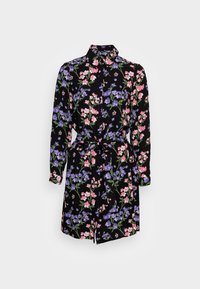 Blommig klänning med svart bakgrund, prydd med rosa och lila blommor, långa ärmar, krage och ett knutet midjedetalj.