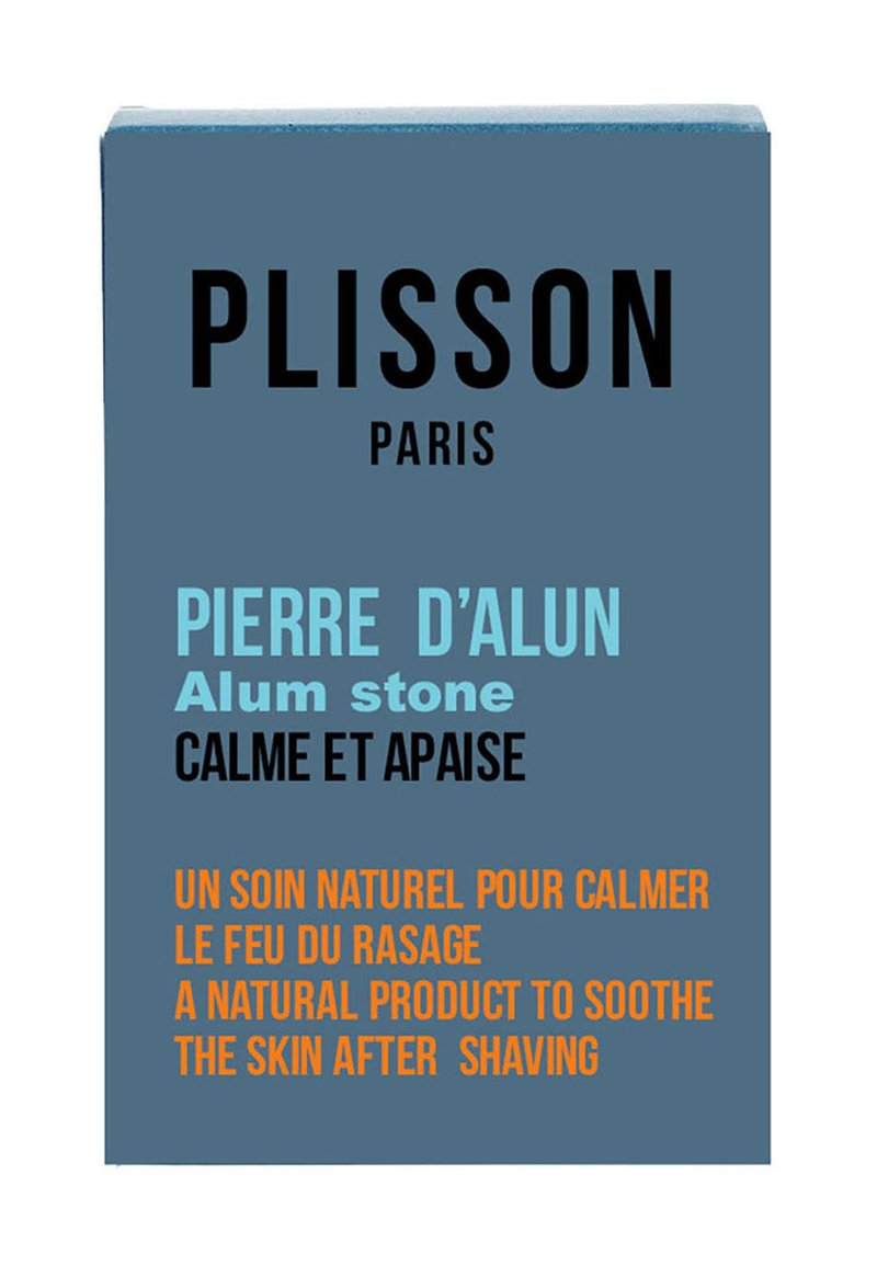 Blaues rechteckiges Kästchen mit der Beschriftung "Plisson Paris", versehen mit fett gedrucktem schwarzen und hellblauen Text, der "Pierre d'alun" und die natürlichen beruhigenden Eigenschaften beschreibt.