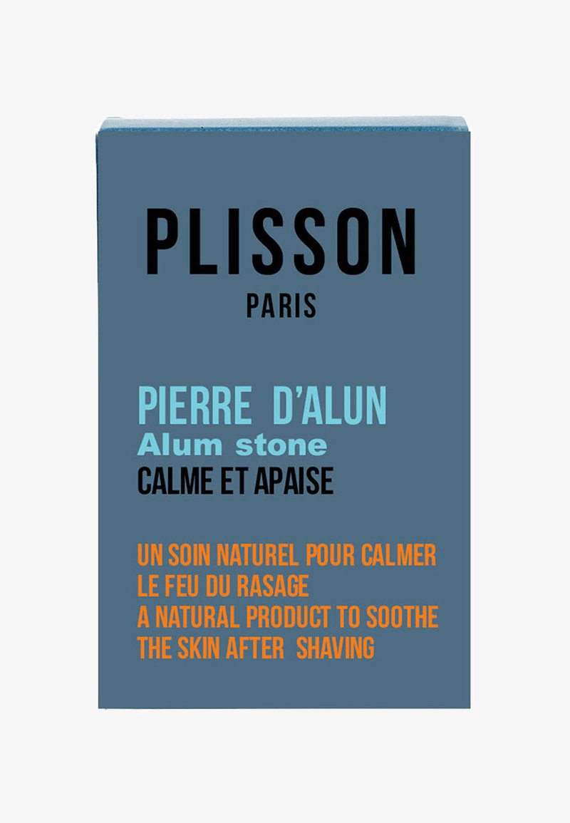 Blaues rechteckiges Kästchen mit der Beschriftung "Plisson Paris", versehen mit fett gedrucktem schwarzen und hellblauen Text, der "Pierre d'alun" und die natürlichen beruhigenden Eigenschaften beschreibt.