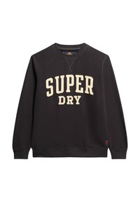 Sudadera negra de algodón con un cuello redondo, puños de canalé y un destacado logo en marfil "SUPER DRY" en el pecho.