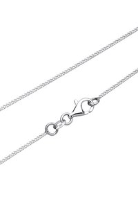 Sterling sølv kæde halskæde med et tyndt flettet design og karateklips-lås. Har en glat, skinnende overflade med minimal detaljer.