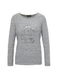 Grauer Pullover mit langen Ärmeln und rundem Ausschnitt. Besitzt eine strukturierte Oberfläche und ein dekoratives Kristallmuster auf der Vorderseite.