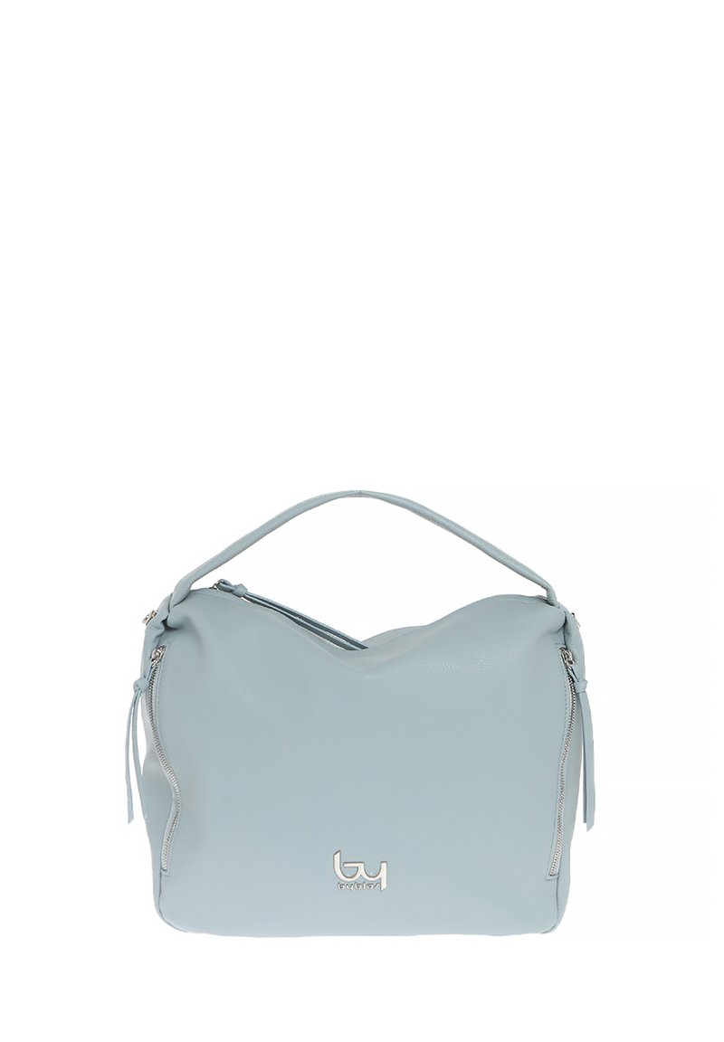 Borsa a tracolla in pelle azzurra con un design curvo, chiusura superiore con zip, manico singolo e logo in tonalità argento sulla parte anteriore.
