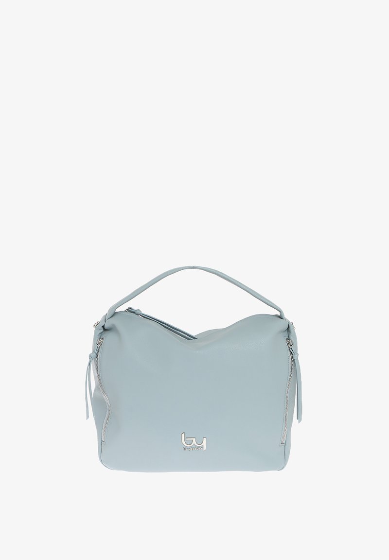 Borsa a tracolla in pelle azzurra con un design curvo, chiusura superiore con zip, manico singolo e logo in tonalità argento sulla parte anteriore.