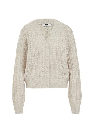 Helles beiges Strick-Cardigan mit V-Ausschnitt, knopfseitiger Vorderseite, verkürztem Design und gerippten Bündchen. Das strukturierte Muster sorgt für visuellen Reiz.