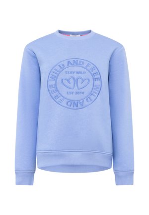 Hellblaues Sweatshirt mit rundem Halsauschnitt, gerippten Bündchen und Saum. Mit erhabenem Text und Herzdesign auf der Vorderseite. Baumwollmischgewebe.