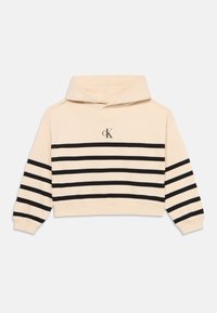 Gräddefärgad huvtröja med horisontella svarta ränder, som har en liten svart "cK"-logotyp framtill och ribbade manschettdetaljer.