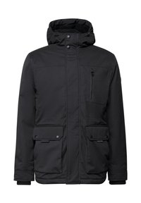 Černá zateplená bunda s vysokým límcem, zipovými kapsami, patentními knoflíky a žebrovanými manžetami. Hladká tkanina s matným povrchem.