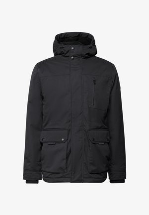 Veste noire isolée avec col haut, poches zippées, fermetures à pression et poignets côtelés. Tissu lisse avec une finition mate.