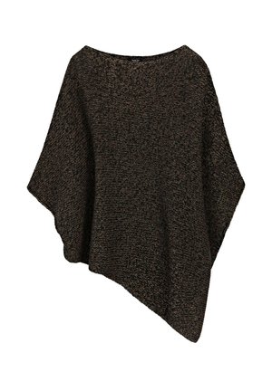 Asymetryczne ciemnobrązowo-czarne dzianinowe ponczo z szerokim dekoltem i luźnym krojem.