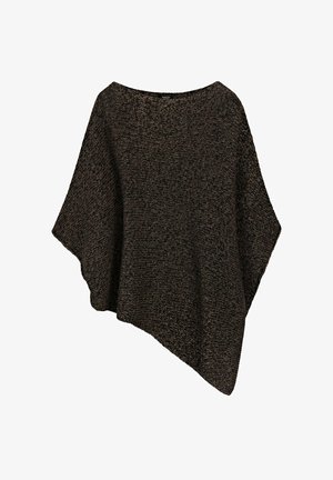 Asymetryczne ciemnobrązowo-czarne dzianinowe ponczo z szerokim dekoltem i luźnym krojem.