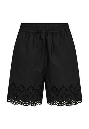 Pantaloni scurți negri din bumbac, cu talie elastică și dantelă decorativă cu ochiuri, având decupaje geometrice la tiv.