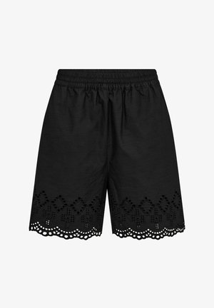 Pantaloni scurți negri din bumbac, cu talie elastică și dantelă decorativă cu ochiuri, având decupaje geometrice la tiv.