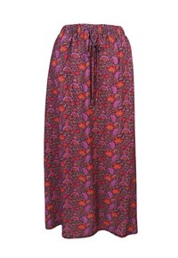 Floraler Maxikleid aus leichtem Stoff. Hat einen lila Hintergrund mit roten und lila Blumen. Elastischer Bund mit Kordelzug.