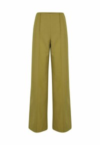 Pantalons larges en tissu vert olive, avec des plis cousus à l'avant et une texture lisse. Taille sans couture et sans fermetures visibles.