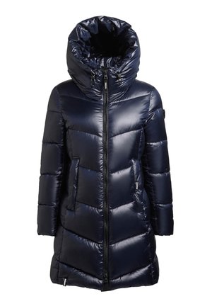 Piumino blu navy con collo alto, finitura lucida, motivo trapuntato a spina di pesce, cerniera frontale e due tasche laterali per calore e stile.