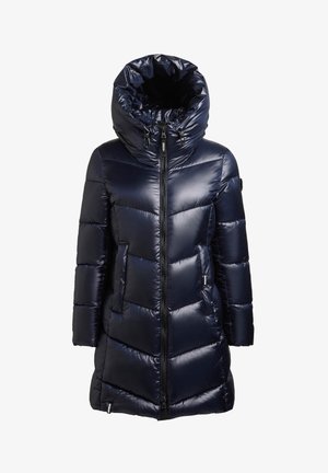 Marineblauwe gewatteerde jas met hoge kraag, glanzende afwerking, chevron-gestikt patroon, ritssluiting aan de voorkant en twee zijzakken voor warmte en stijl.
