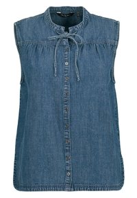 Denim sleeveless top with rounded collar, front tie detail, and button closure. The color is medium blue with subtle fading.