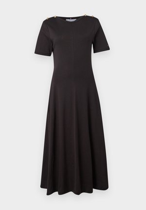 Black cotton midi dress with a straight fit, short sleeves, round neckline, and gold accent buttons on shoulders. Smooth fabric texture.