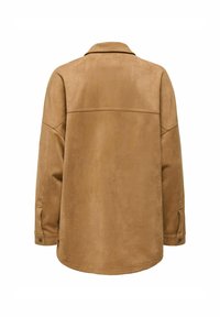 Bruine nepleren overhemdjas met een relaxed fit, kraag en drukknopen bij de mouwen. Kenmerkt zich door een gladde textuur en een rechte onderkant.