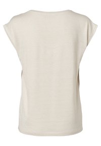 Beżowa bluzka z krótkim rękawem z delikatnymi poziomymi paskami, szerokim dekoltem i luźnym krojem, widziana od tyłu.