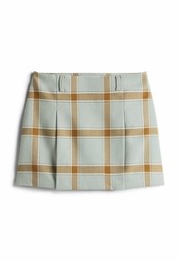 Lichtblauwe en beige geruite minirok met plooien en riemlussen, plat gelegd op een witte achtergrond.