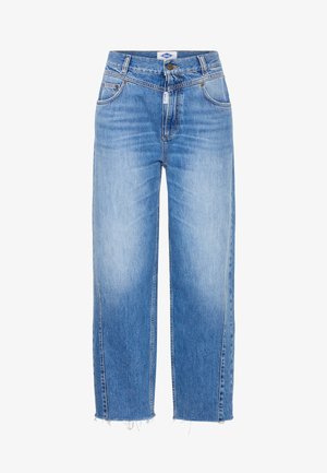 Svijetloplave široke traperice izrađene od denima, s visokim strukom, pet džepova i poderanim detaljima na rubovima.