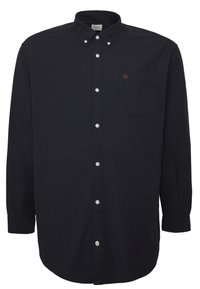 Långärmad knapp-up skjorta i marinblå bomullstyg. Har en ficka på vänster bröst, vita knappar och en krage med knäppning.