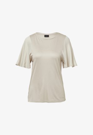 Helles beige Kurzarmoberteil mit glatter Textur, rundem Halsausschnitt und flatternden Ärmeln. Dezenter Glanz mit kontrastierenden Stoffpaneelen.