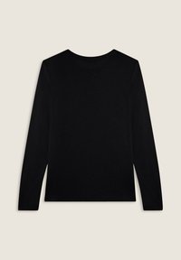 Maglietta nera a maniche lunghe con scollatura rotonda, caratterizzata da una texture liscia e un design aderente, senza loghi o motivi visibili.