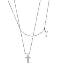 Srebrny naszyjnik z dwoma warstwami łańcuszków, z małym wisiorkiem w kształcie krzyża z przezroczystymi kryształami oraz drugim, mniejszym, gładkim krzyżem.