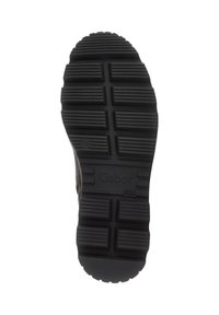Suela de zapato de goma negra con surcos y estrías texturizadas, con el logo "Gabor" y "Hecho en Portugal" grabados en la superficie.