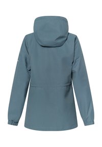 Blå hættejakke med indsnøret talje, elastiske manchetter og en glat, mat tekstur. Har et minimalistisk design uden synligt hardware.