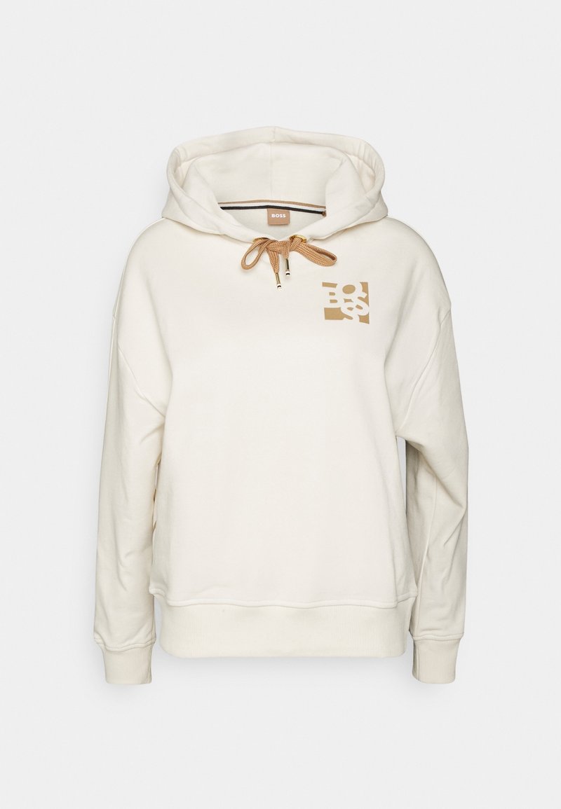 Krämfärgad hoodie gjord av mjukt material, med en avslappnad silhuett, justerbar dragsnoddshuva och logotryck i beige på bröstet.