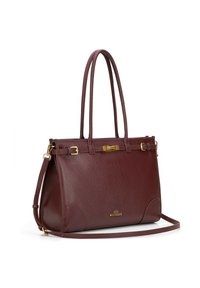 Burgundowa skórzana torba tote o teksturowanym wykończeniu, z dwiema długimi rączkami, złotymi akcentami, bezpiecznym zapięciem i odpinanym paskiem na ramię.