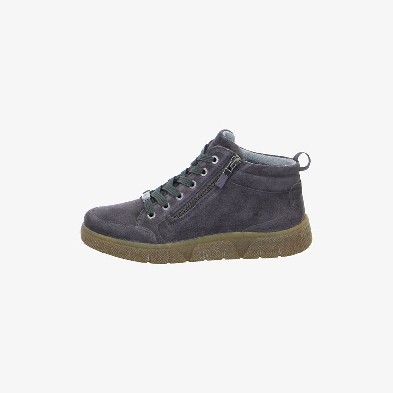 Dark gray suede high-top sneaker with lace-up front, side zipper, pull tab at heel, and thick brown rubber sole.