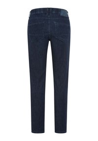 Dark blue denim jeans feature a straight leg design, five pockets, and a smooth texture. Back pockets are slightly angled.