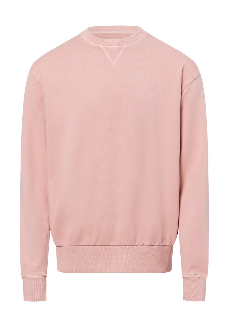 Helles rosa Crewneck-Sweatshirt aus weichem Stoff, mit geribbelten Bündchen, weitem Saum und einem subtilen V-Stich-Detail am Ausschnitt.